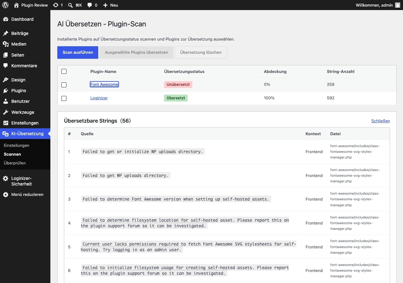 Plugin-Scan-Seite mit Übersetzungsstatus