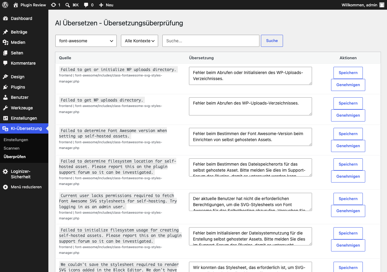 Oberfläche zur Überprüfung und Bearbeitung von Übersetzungen