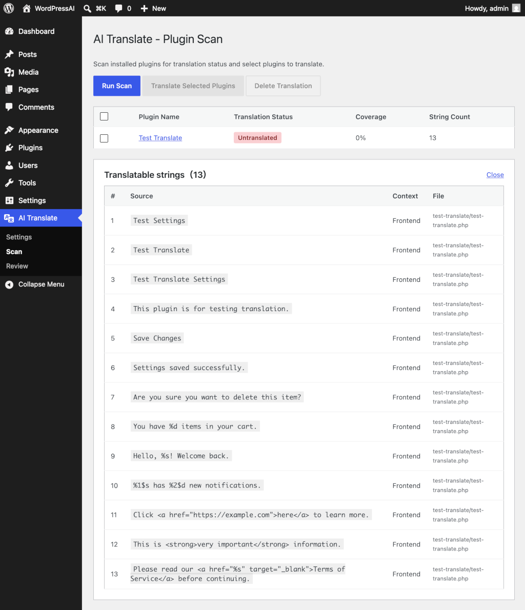 Plugin scan page showing translation status