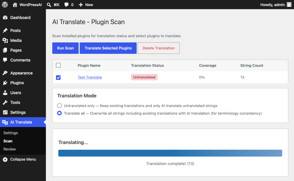 Translation in progress with real-time updates