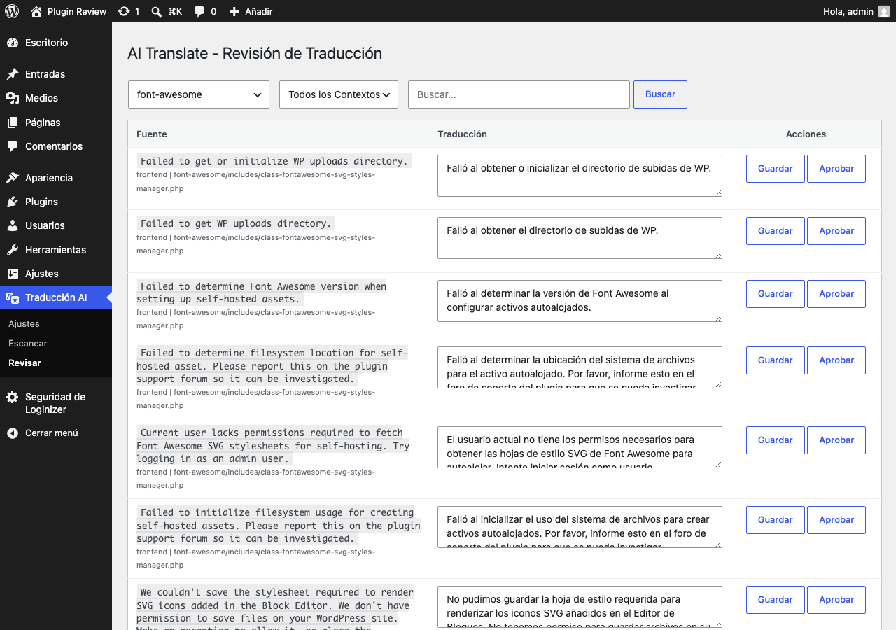 Interfaz de revisión y edición de traducciones