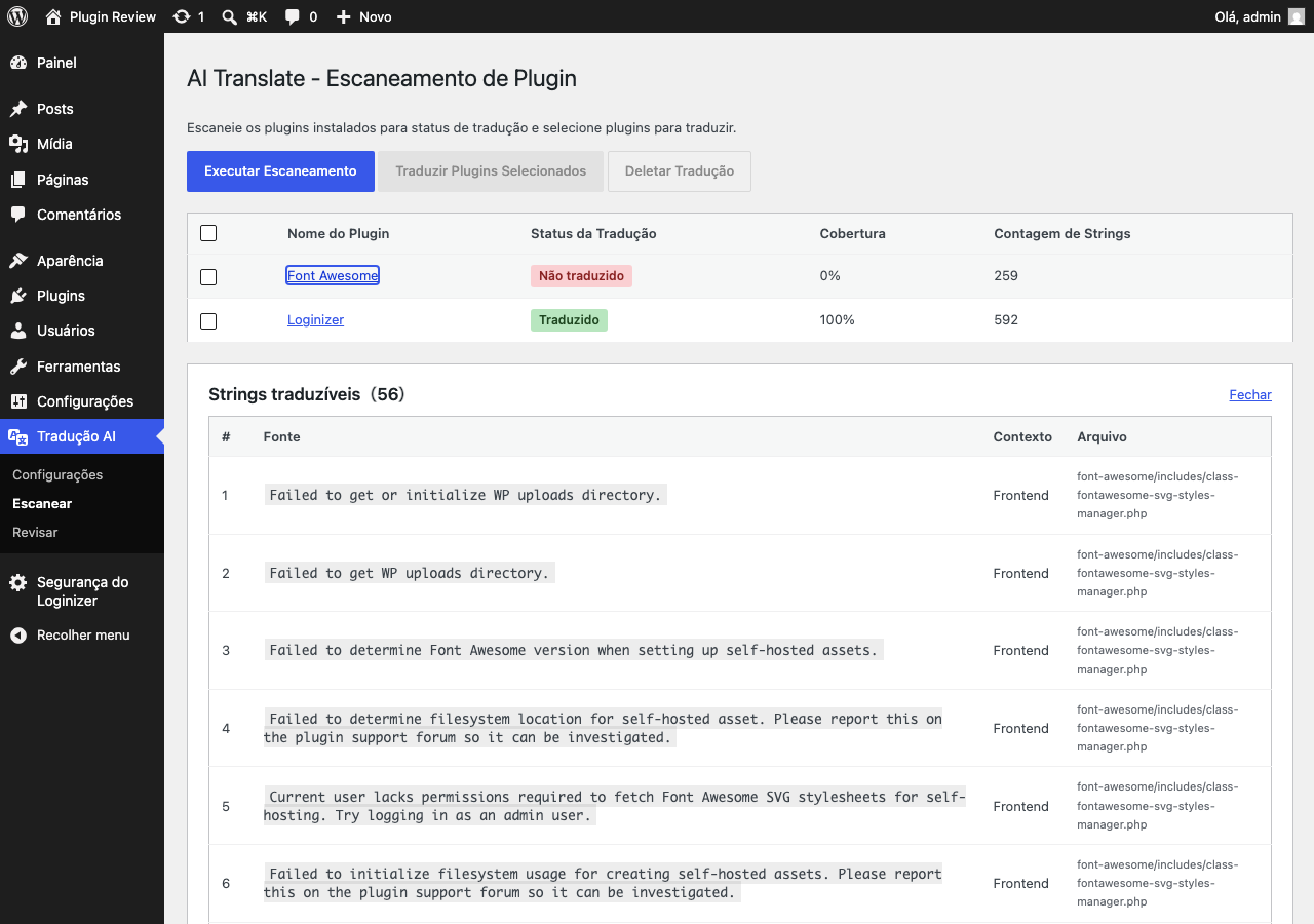 Página de escaneamento de plugins mostrando o status da tradução