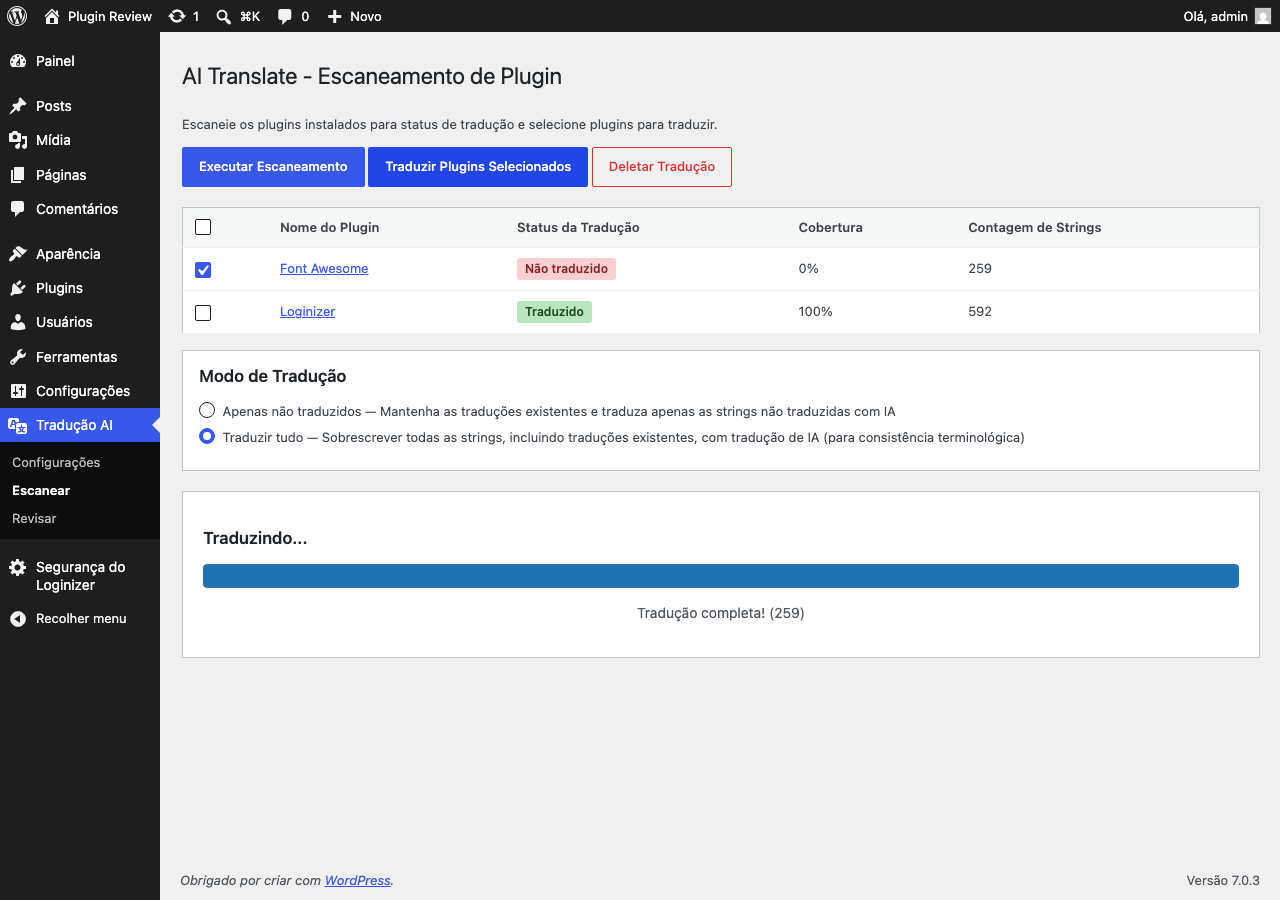 Tradução em progresso com atualizações em tempo real