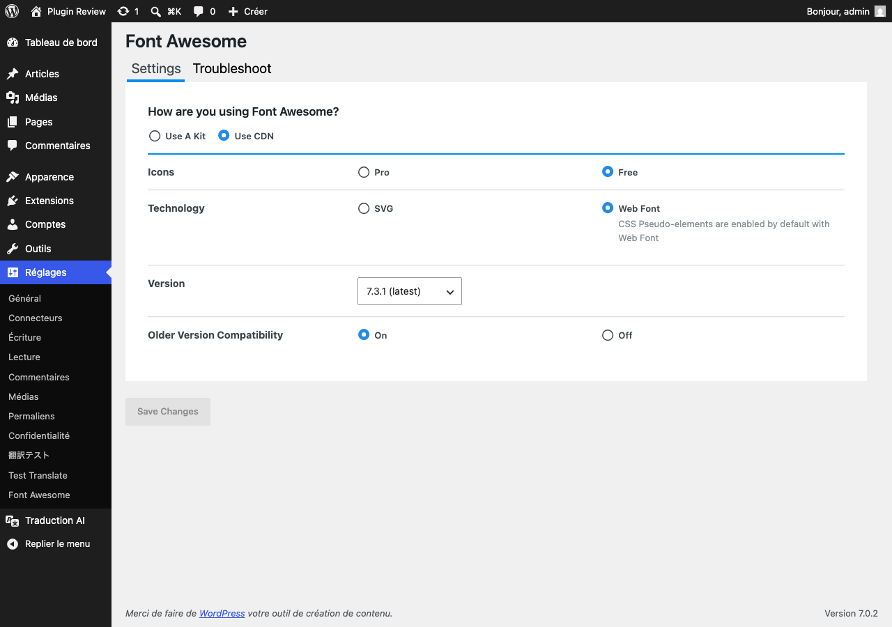 Font Awesome admin before translation