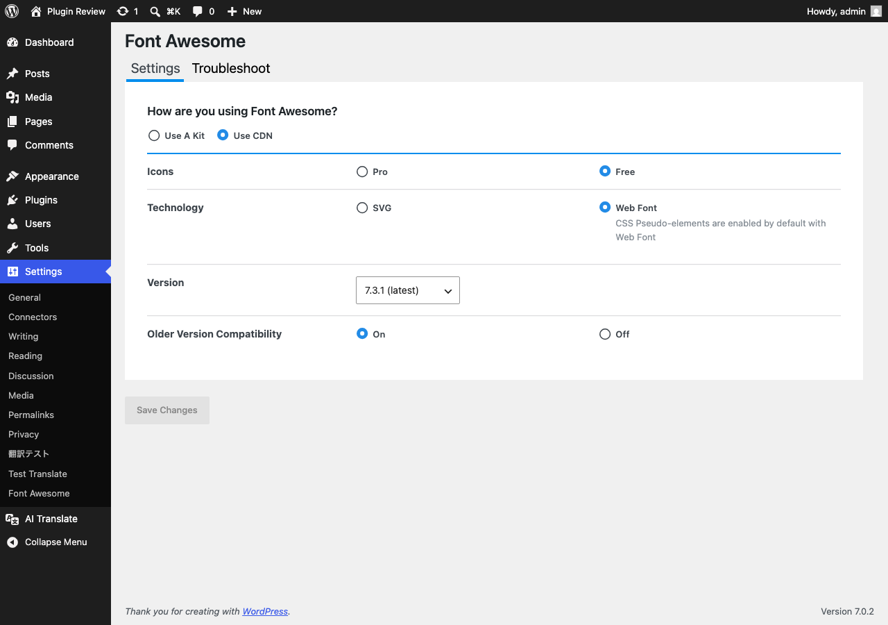Font Awesome admin before translation
