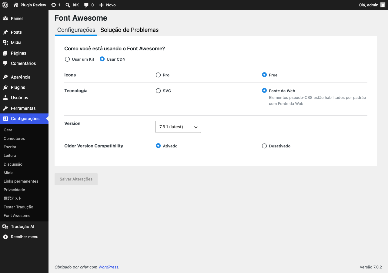 Font Awesome admin after translation