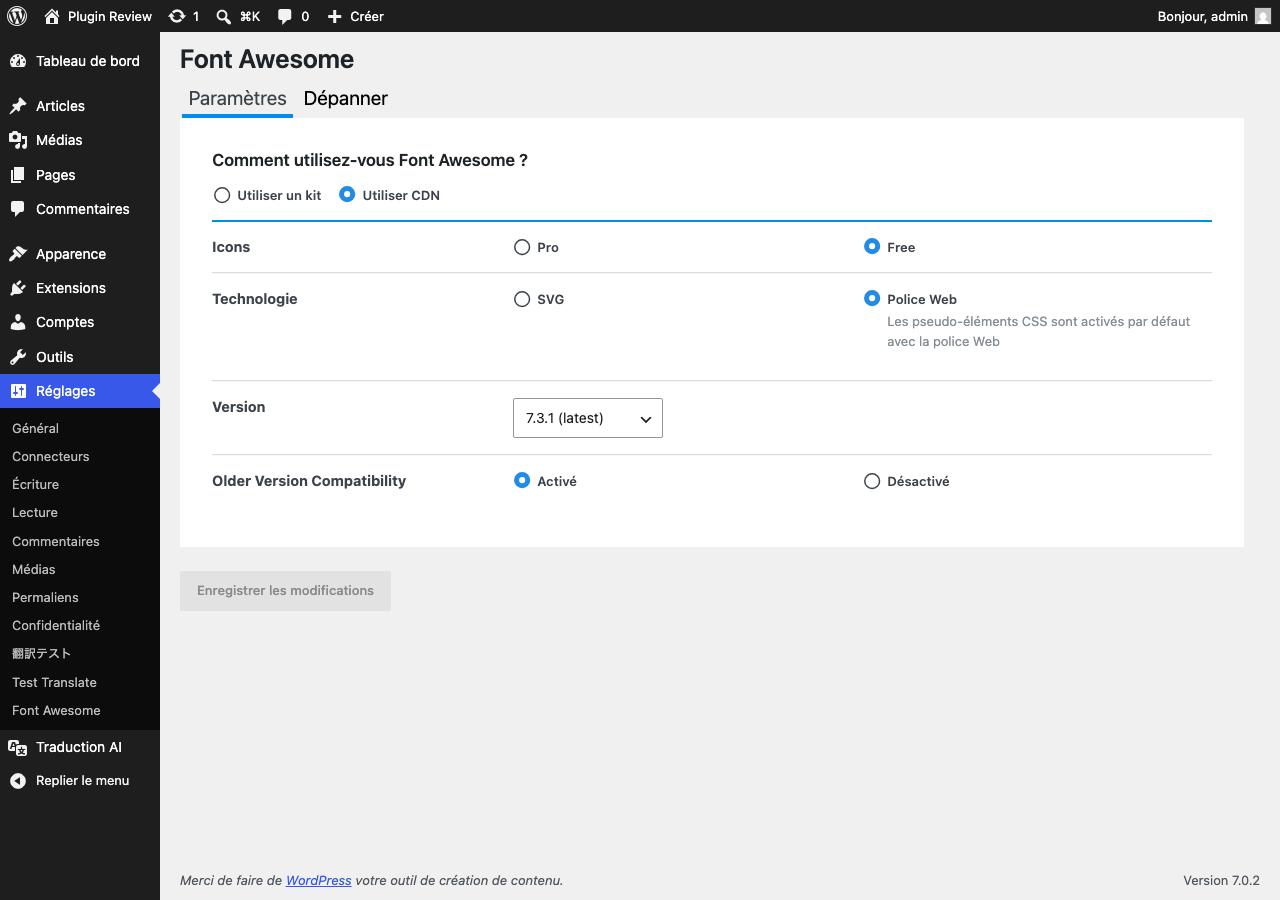 Font Awesome admin after translation