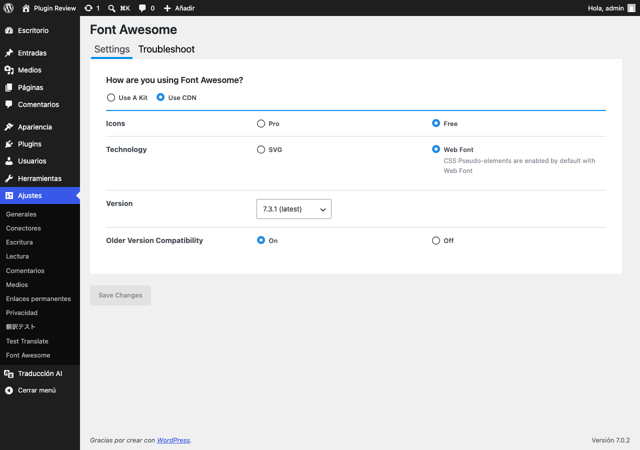 Font Awesome admin before translation
