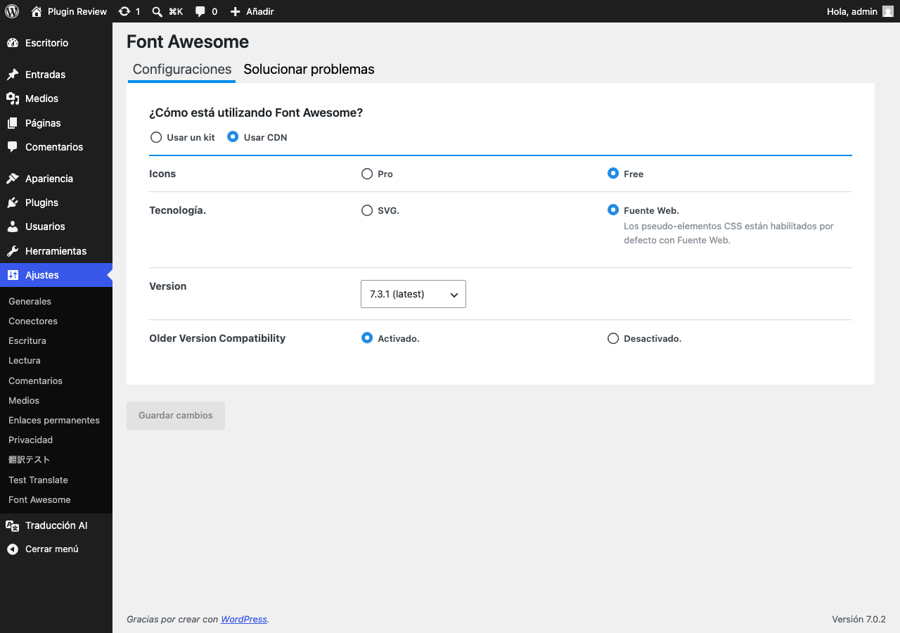 Font Awesome admin after translation