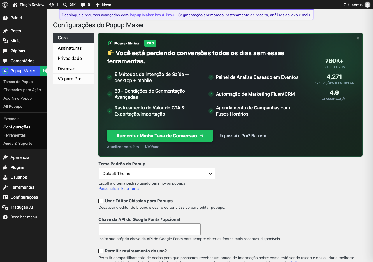 Popup Maker – Boost Sales, Conversions, Optins, Subscribers with the Ultimate WP Popup Builder admin after translation