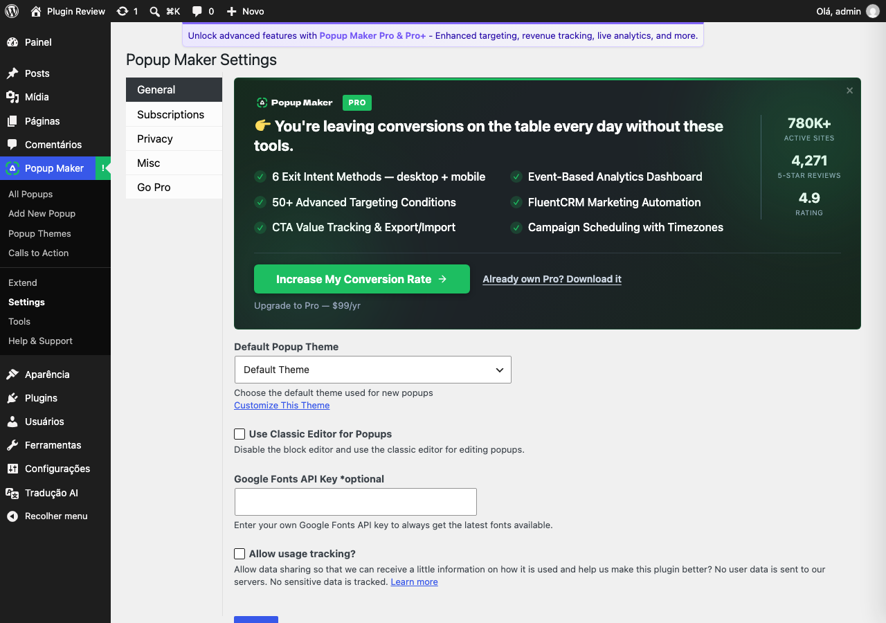 Popup Maker – Boost Sales, Conversions, Optins, Subscribers with the Ultimate WP Popup Builder admin before translation