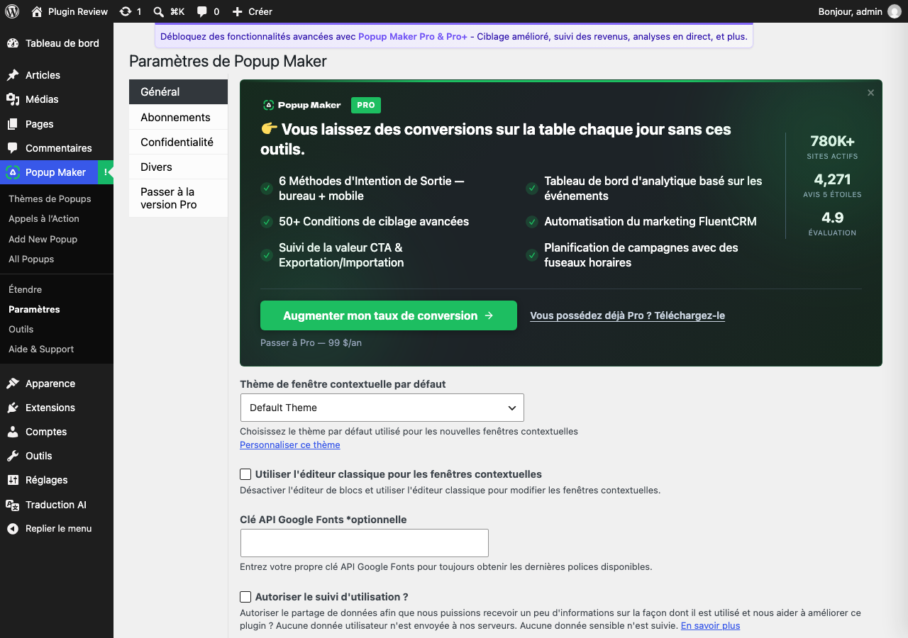 Popup Maker – Boost Sales, Conversions, Optins, Subscribers with the Ultimate WP Popup Builder admin after translation