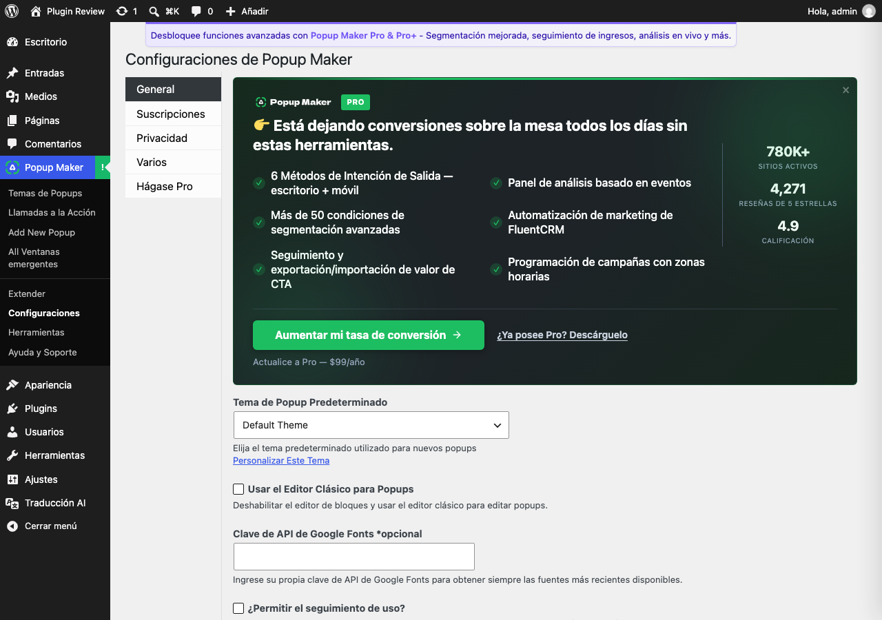 Popup Maker – Boost Sales, Conversions, Optins, Subscribers with the Ultimate WP Popup Builder admin after translation