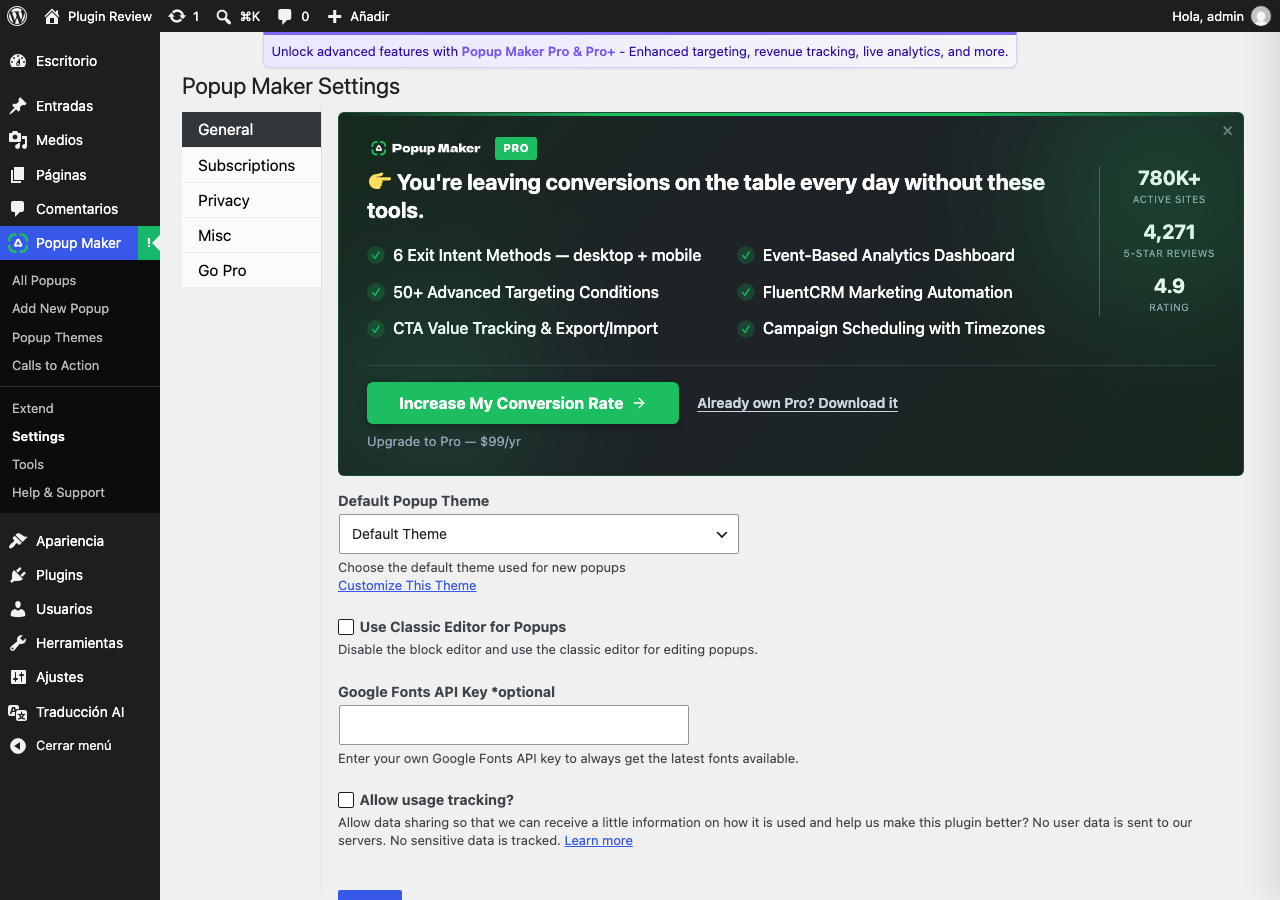 Popup Maker – Boost Sales, Conversions, Optins, Subscribers with the Ultimate WP Popup Builder admin before translation