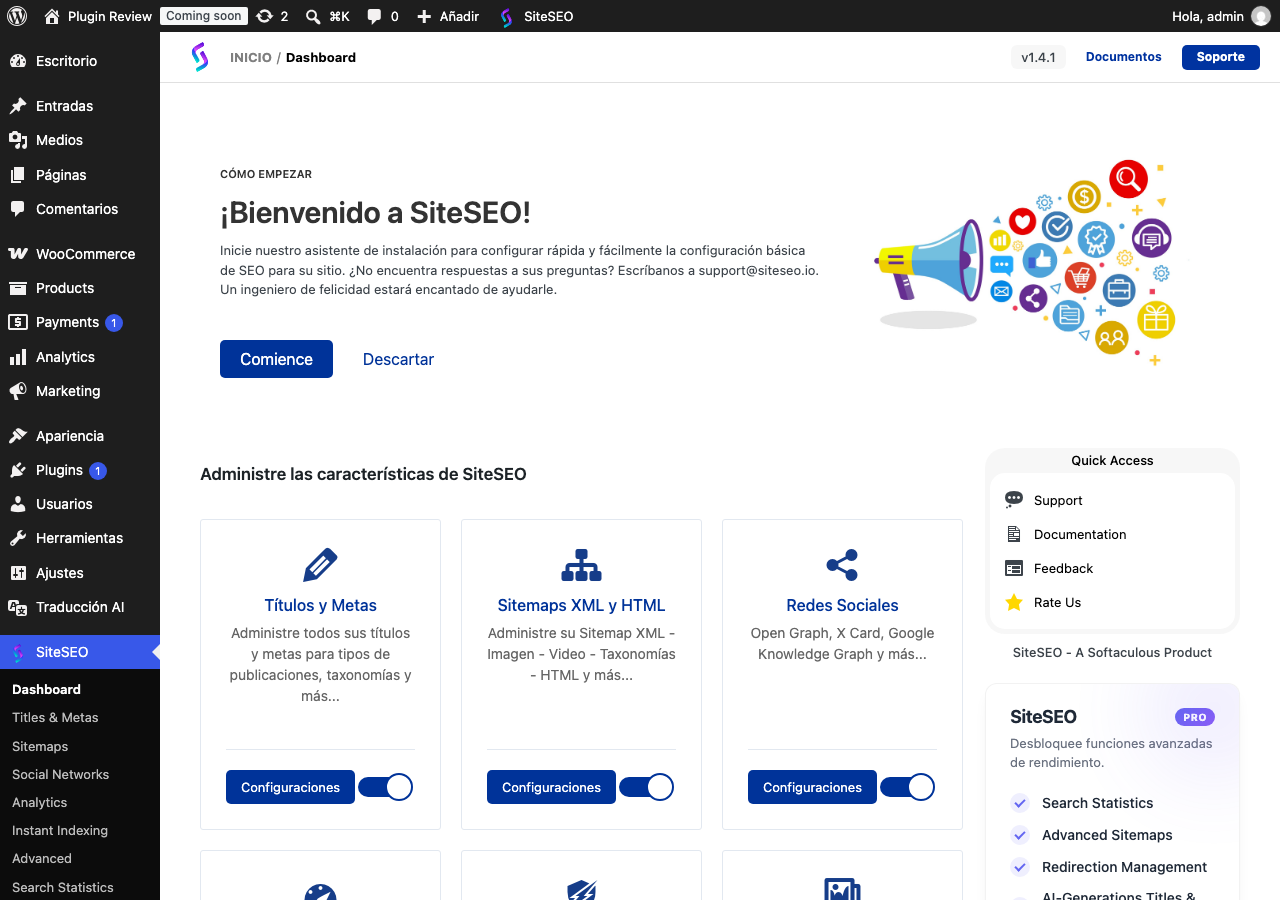 SiteSEO – SEO Simplified admin after translation
