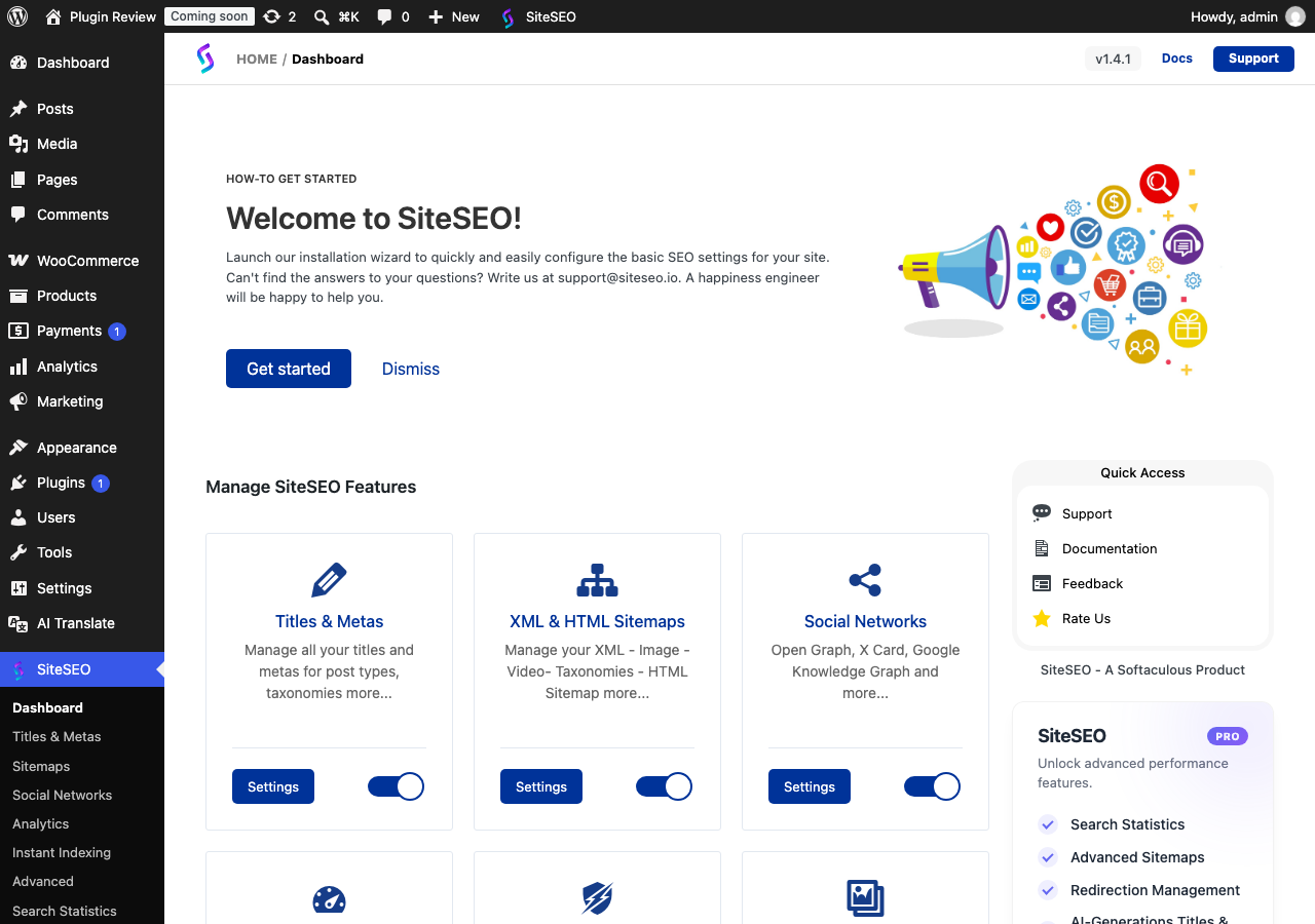SiteSEO – SEO Simplified admin after translation