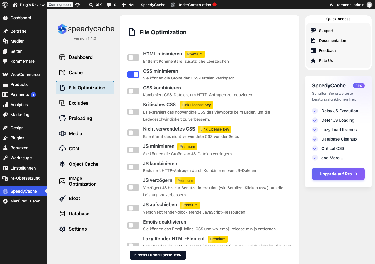 SpeedyCache – Cache, Optimization, Performance admin after translation