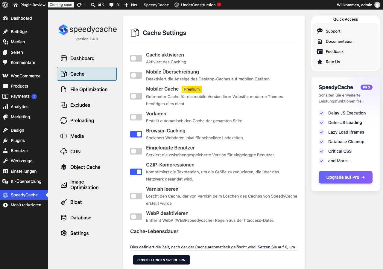 SpeedyCache – Cache, Optimization, Performance admin after translation (menu2)