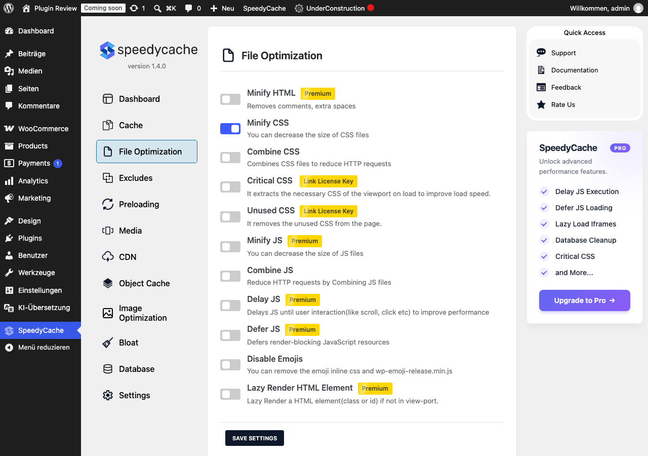 SpeedyCache – Cache, Optimization, Performance admin before translation