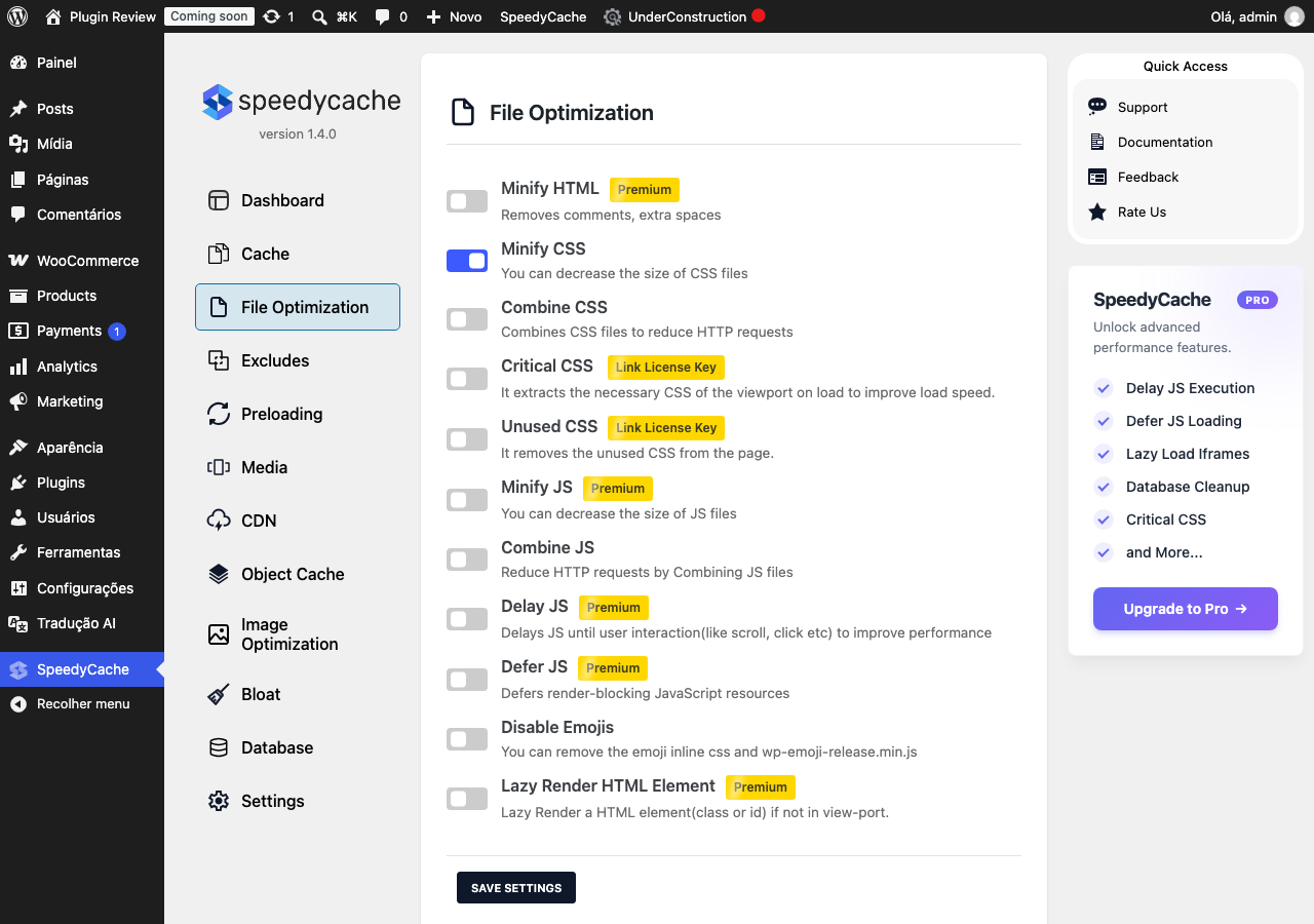 SpeedyCache – Cache, Optimization, Performance admin before translation