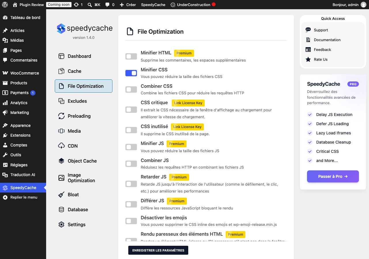 SpeedyCache – Cache, Optimization, Performance admin after translation