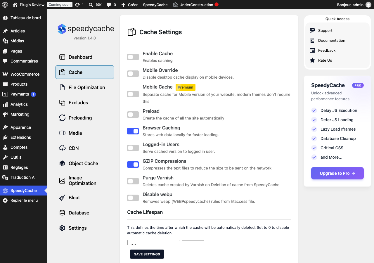 SpeedyCache – Cache, Optimization, Performance admin before translation (before-menu2)