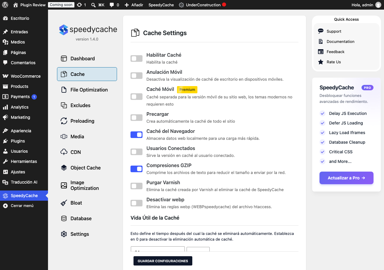 SpeedyCache – Cache, Optimization, Performance admin after translation (menu2)