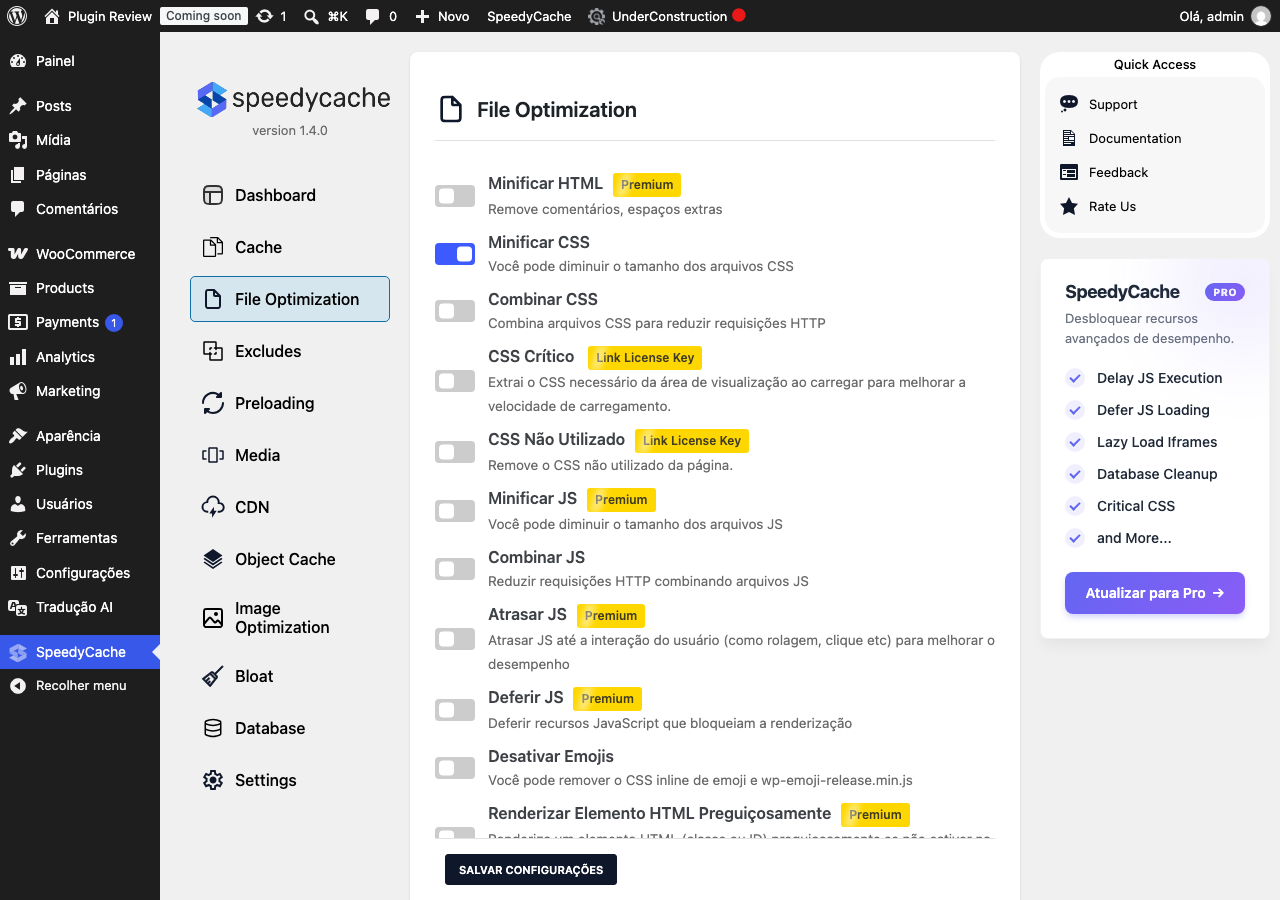 SpeedyCache – Cache, Optimization, Performance admin after translation