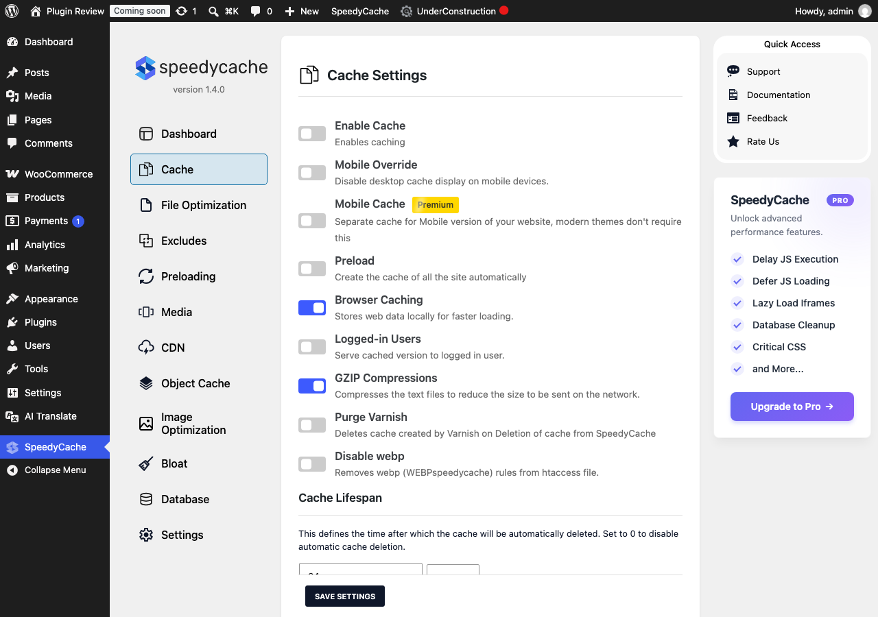 SpeedyCache – Cache, Optimization, Performance admin before translation (before-menu2)