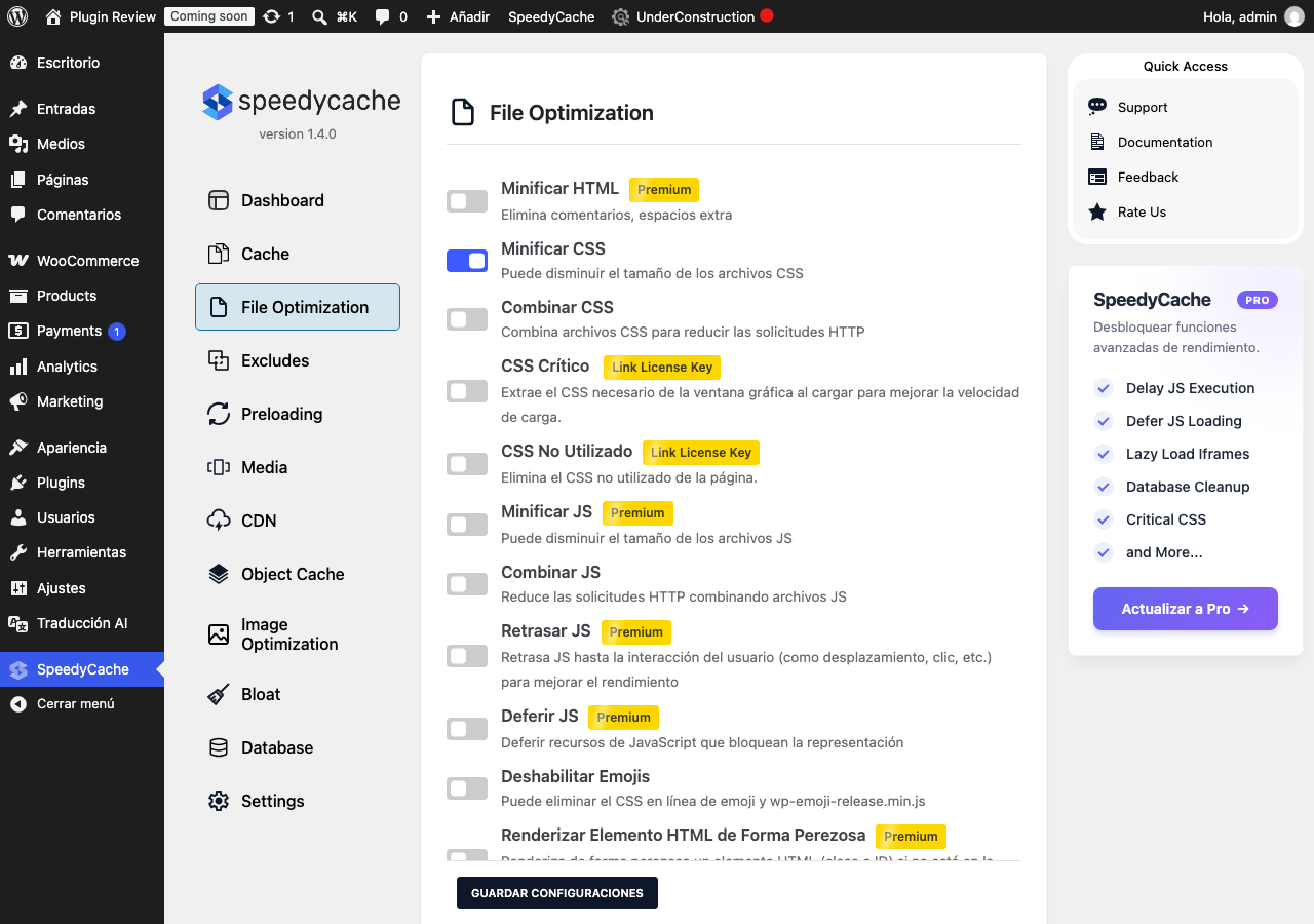 SpeedyCache – Cache, Optimization, Performance admin after translation