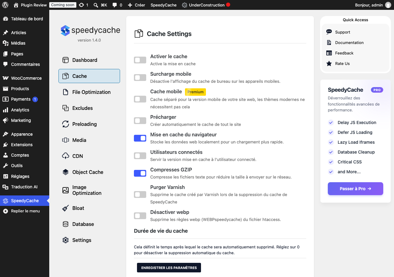 SpeedyCache – Cache, Optimization, Performance admin after translation (menu2)