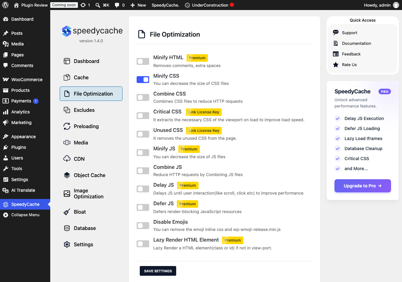 SpeedyCache – Cache, Optimization, Performance admin after translation