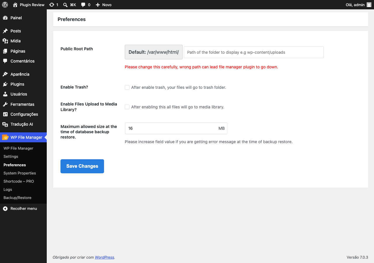 File Manager admin before translation