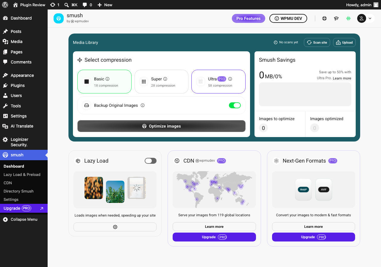 Smush – Image Optimization, Compression, Lazy Load, WebP & CDN admin before translation