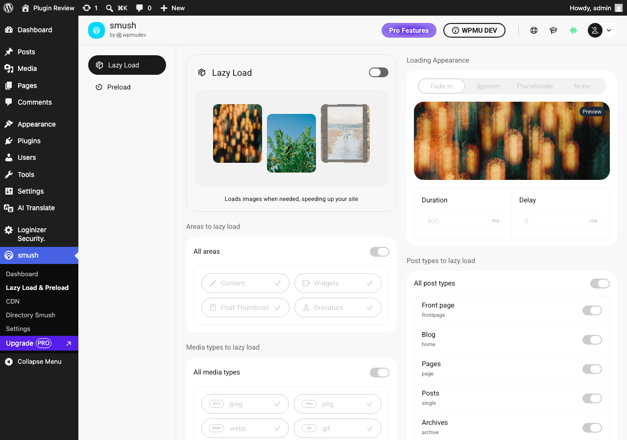 Smush – Image Optimization, Compression, Lazy Load, WebP & CDN admin before translation (before-menu2)
