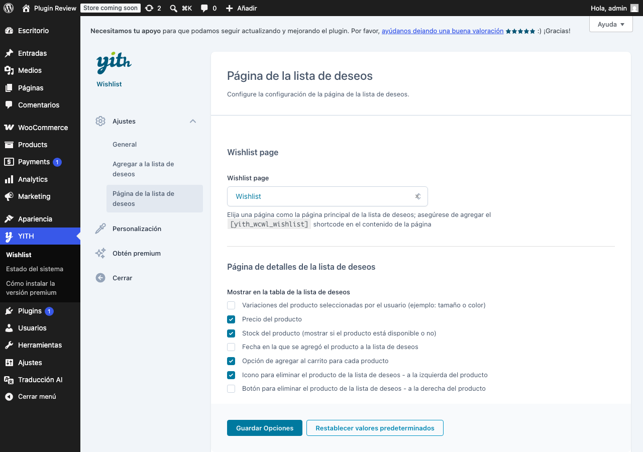 YITH WooCommerce Wishlist admin after translation