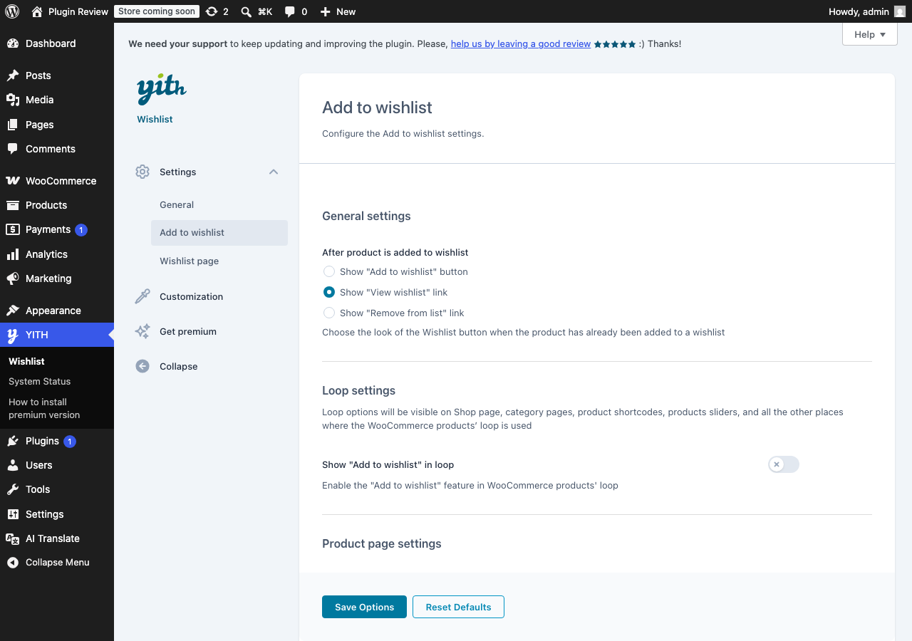 YITH WooCommerce Wishlist admin after translation (menu2)