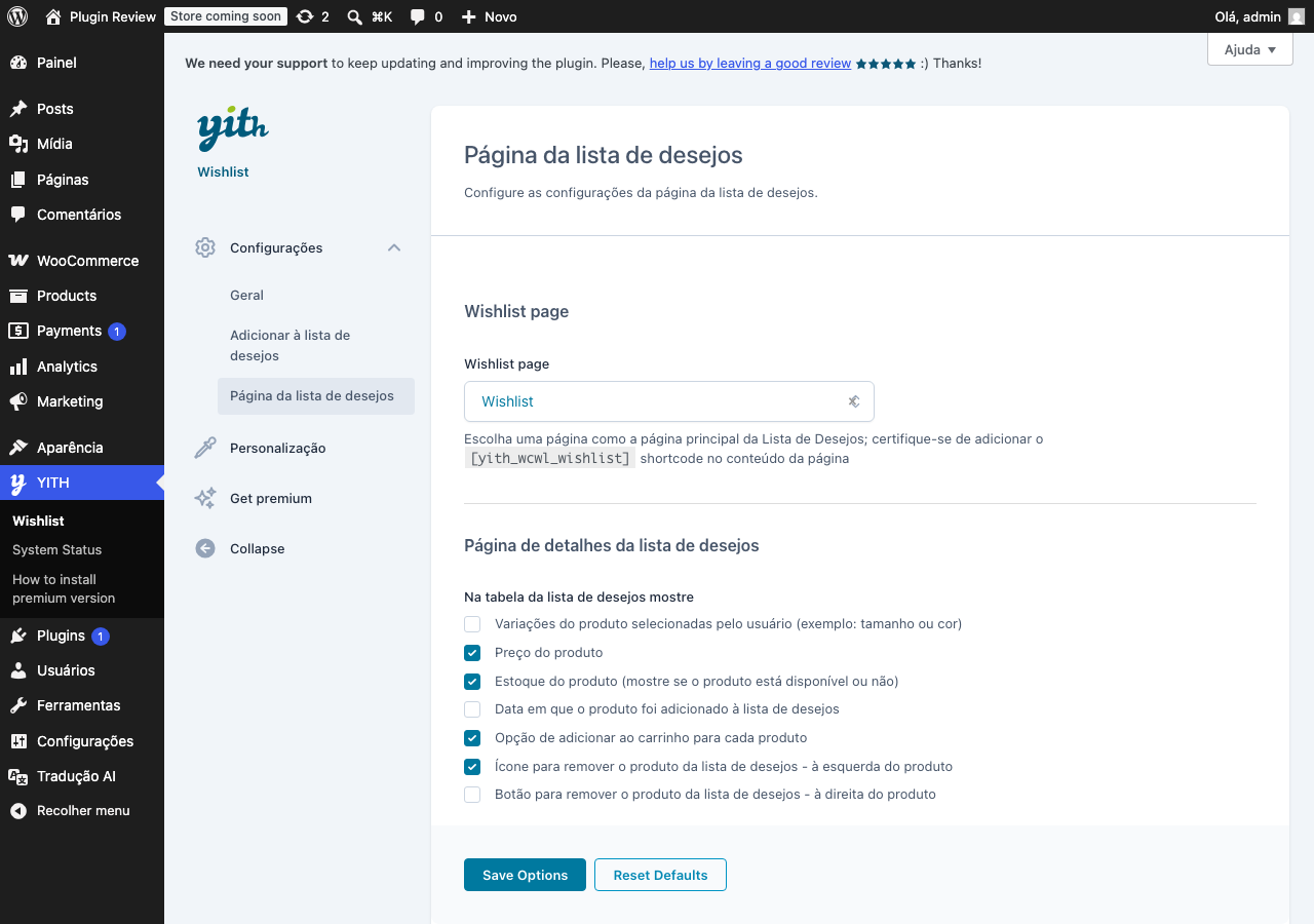 YITH WooCommerce Wishlist admin after translation